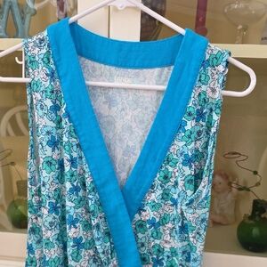 Lands' End Teal and White Floral Wrap Look Dress